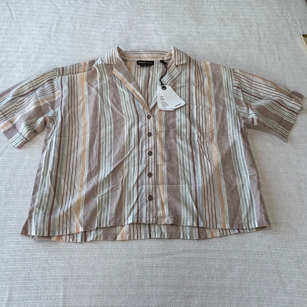 Prana Iguala Top Womens M Clay Stripe Tencel Modal Button Down Shirt 1970891